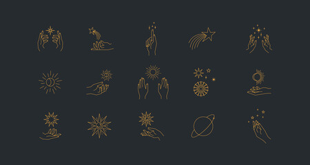 Aesthetic astral hands. Collection of cosmic and celestial elements with sun, moon and stars. Isolated editable linear vectors.