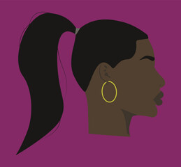 Silhouette. Portrait. Avatar. A black girl. Cute girl. The girl's face. Silhouette. Portrait of a black girl. Flat illustration of a girl head. Sexy black woman. Black woman with ponytail hairstyle