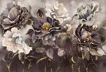 Schilderijen op glas Geschilderde Bloemen Olieverfschilderij met bloemroos, bladeren. Botanische print achtergrond op canvas - drieluik In Interieur, art.  © lisima