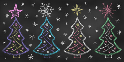 Set of Design Elements Christmas Trees of Different Colors Isolated on Chalkboard. Realistic Chalk Drawn Sketch.