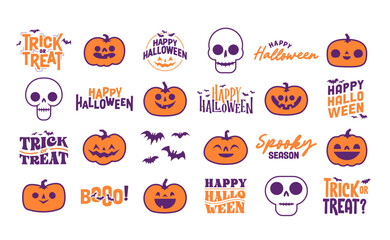 Set of Halloween icons. Vector illustration. Carved pumpkins, skulls and bats. Trick or treat spooky design.
