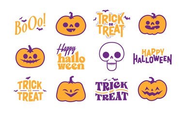 Set of Halloween icons. Vector illustration. Carved pumpkins, skulls and bats. Trick or treat spooky design.