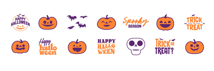 Set of Halloween icons. Vector illustration. Carved pumpkins, skulls and bats. Trick or treat spooky design.