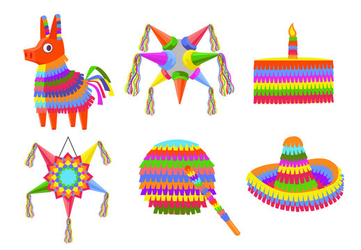Cute pinatas of different shapes vector illustrations set. Mexican paper toys in shape of donkey, star, cake, sombrero for birthday party or carnival isolated on white background. Celebration concept