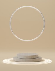 3d rendered 2 flat  ring Podium on the floor geometric shapes Platforms for product presentation, mock up Abstract Sand background color.