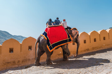 Imposing elephant carrying tourists on its up and down circuit from the Amber Palace in Jaipur.
