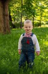 Baby boy in Ukrainian vyshyvanka in the park