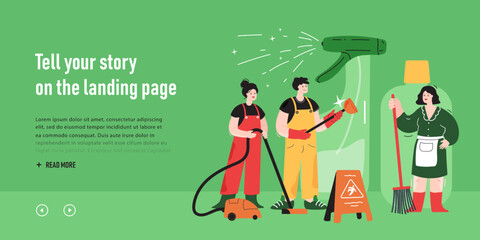 Team of tiny cartoon character in uniform with vacuum cleaners. Cleaning staff with equipment flat vector illustration. Cleaning service, hygiene concept for banner, website design or landing web page