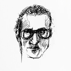Portrait of young man with glasses. Drawing by hand with black ink on paper. Black and white artwork.