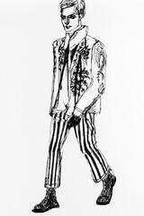Fototapeta premium Portrait of walking young stylish guy. Drawing by hand with black ink on paper. Black and white artwork.
