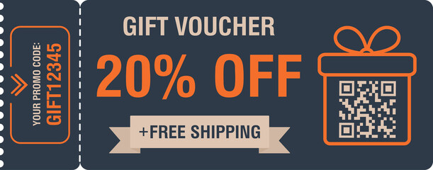 Discount coupon 20 percent off. Gift voucher with percentage marks, qr code and promo codes for...