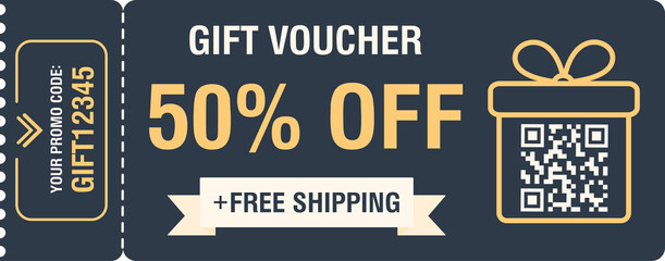 Discount coupon 50 percent off. Gift voucher with percentage marks, qr code and promo codes for website, internet ads, social media. Illustration