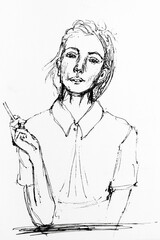 Portrait of pretty girl smoking cigarette. Drawing by hand with black ink on paper. Black and white artwork.