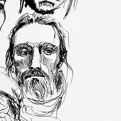 Close-up portrait of bearded serious man. Drawing by hand with black ink on paper. Black and white artwork.