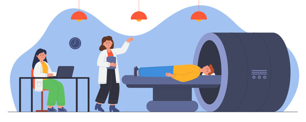 Patient lying at MRI machine in clinic flat vector illustration. Doctor preparing man for magnetic resonance imaging tomography, doing brain scan. Radiology medical equipment concept