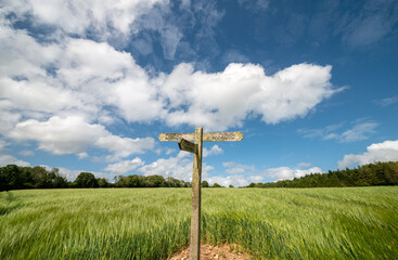 Public footpath sign in the middle of a green field