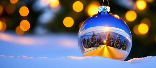 Round Christmas ornament in snow with road and trees reflection, bokeh background