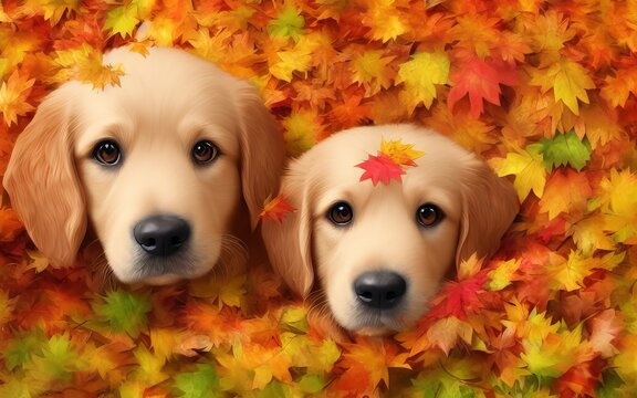Cute pair of Golden Retriever puppies covered with autumn leaves