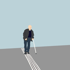 Elderly man walking with a stick on a road with white guiding lines for blind people