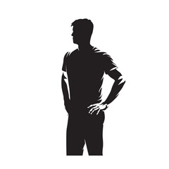 Man standing with hands on hips, abstract isolated vector silhouette, ink drawing, side view