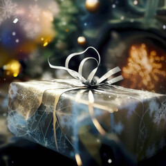 Christmas Background with Beautifully Packed Present and Soft Bokeh