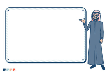 黒い衣装を着たアラビア人ミドル男性がフレームボードの案内しているイラスト