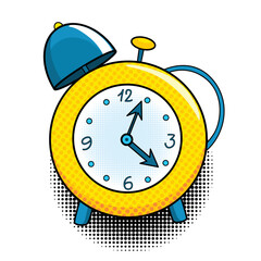 Comic alarm clock. Pop art colorful and dynamic cartoonish icon in retro style. Vector bright cartoon object with halftone dots shadow