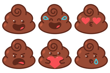 Funny poop emotions vector cartoon set isolated on a white background.
