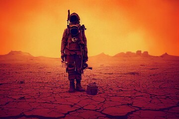Postapokalyptische Welt, eine Person mit einer Gasmaske in einem orangefarbenen Wüstenödland