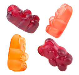 Collection of jelly gummy bears candies isolated on a white background. Colorful fruit gum candies.