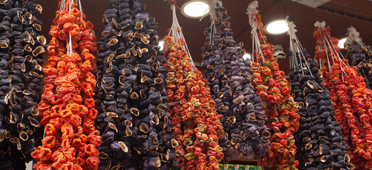 Traditional dried peppers and eggplants in the local market in Istanbul