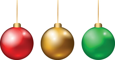 Set of realistic Christmas decoration balls, red, gold and green on a string. Transparent background