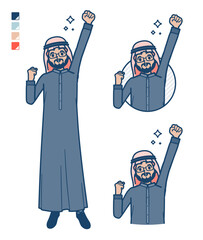 黒い衣装を着たアラビア人ミドル男性がガッツポーズをしているイラスト