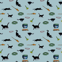seamless pattern of black cats and witch attributes