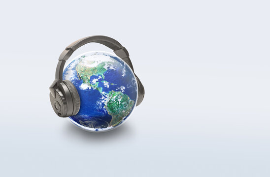 The world is listening, World music day, Earth with headphone on light background, Elements of this image furnished by NASA - Powered by Adobe