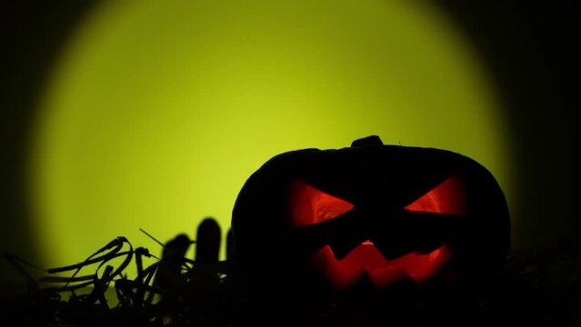 A dead man's hand rises from under the ground near a Halloween pumpkin