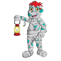 Happy Halloween!  Full-size cartoon vector image of a Mummy Boy holding a lantern.