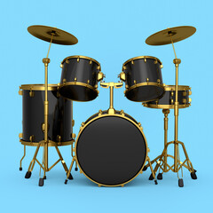 Fototapeta na wymiar Set of realistic drums with metal cymbals or drumset on blue background