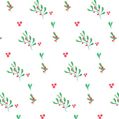 watercolor christmas plants seamless pattern , white background. Surface design for textile, fabric, wallpaper, wrapping, giftwrap, paper,