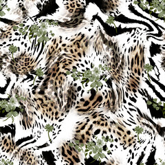 Seamless leopard and zebra texture, mixed animal print, African animal pattern.