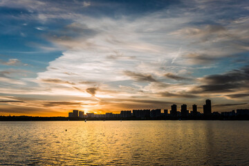 Fototapeta premium Sunset view of the Strogino district of Moscow from the side of Schukino.