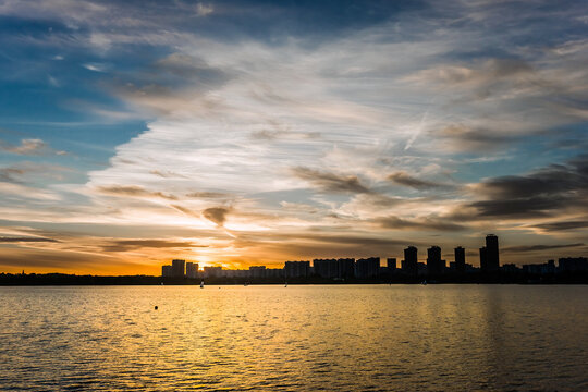 Sunset view of the Strogino district of Moscow from the side of Schukino.