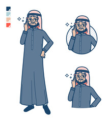 黒い衣装を着たアラビア人ミドル男性が眼鏡をクイっとしているイラスト