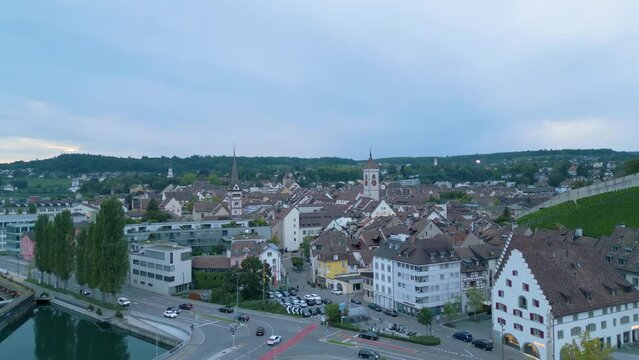 Sideways drone shot of the city centre of Schaffhausen