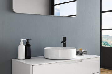 Close up of white sink with oval mirror standing in on blue wall , wooden cabinet with black faucet in minimalist bathroom. Mock up stand for display of product. 3d rendering