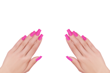 Female hand with pink nail design. Mate pink nail polish manicure. Two female model hands with perfect manicure on transparent background.
