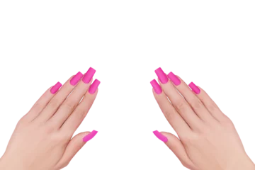 Poster Vrouwelijke hand met roze nageldesign. Mate roze nagellak manicure. Twee vrouwelijke modelhanden met perfecte manicure op transparante achtergrond. © devmarya