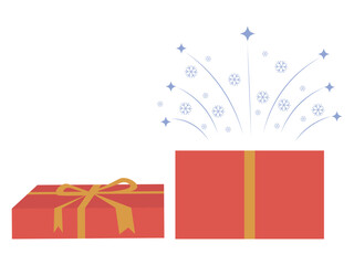 Open gift box icon with fireworks from stars and snowflakes