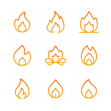 flames, icon set. fire, flame of various shapes, linear icons. Line with editable stroke
