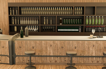 Rustic style drink bar. Wines and spirits. 3d illustration